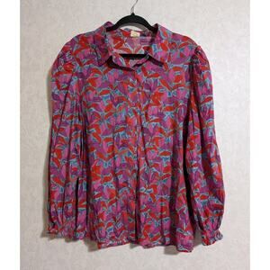 Ash & Opal Multicolor Abstract Floral Button Up Long Puff Sleeve Shirt Size XL